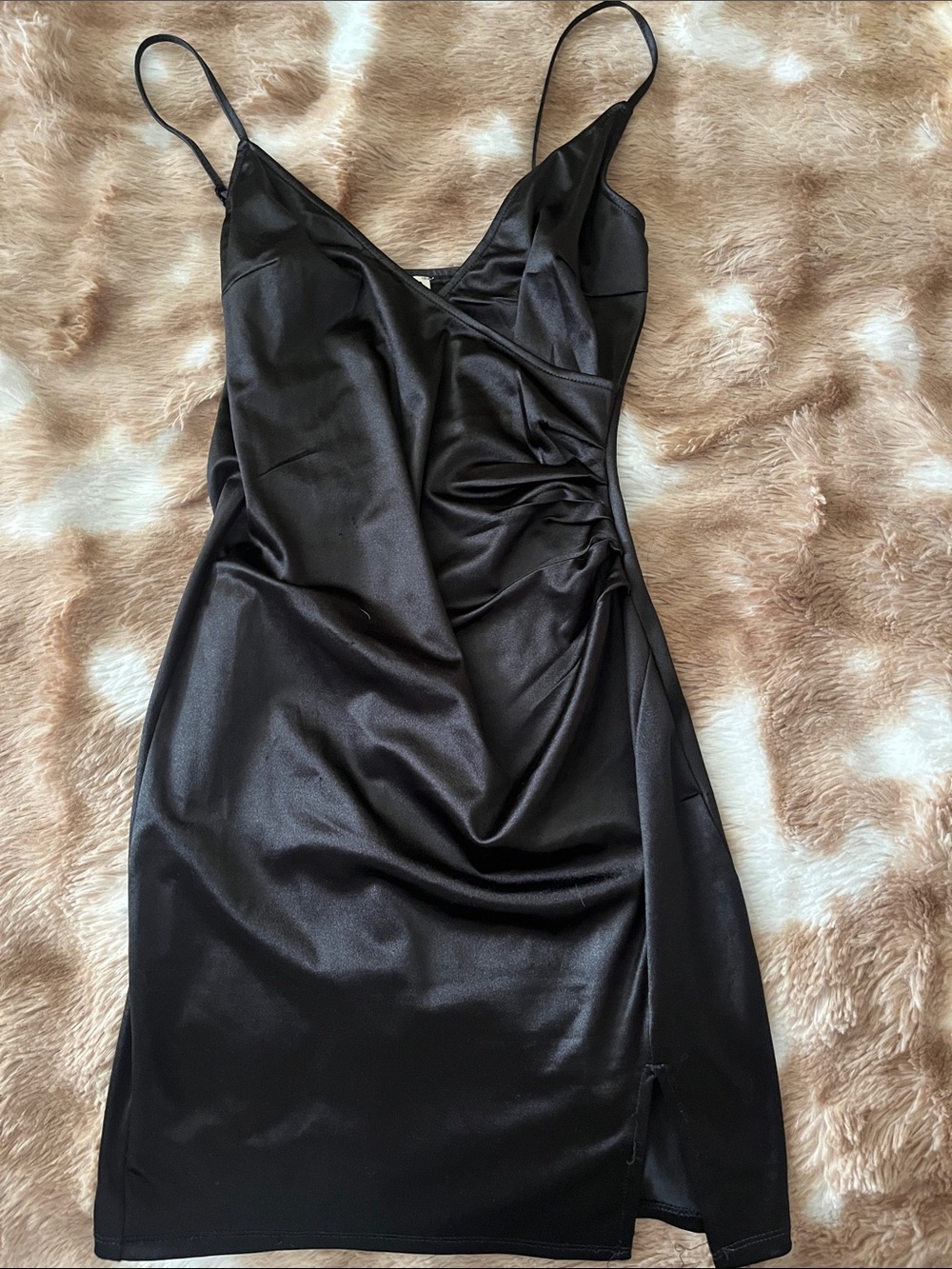 Inspired Hearts Black Satin Mini Dress with Side Ruching - Picture 1 of 5